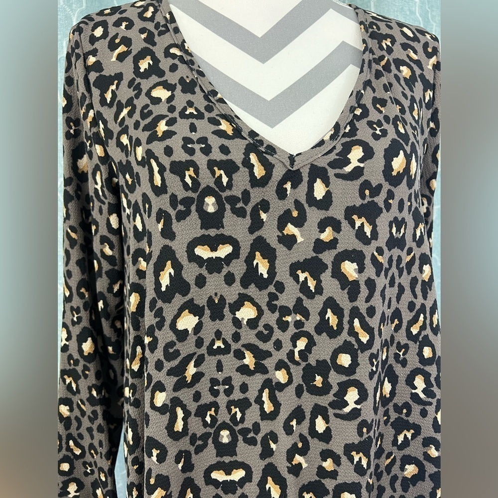 Leopard Print Tunic Blouse Size S Oversized V-Neck Long Sleeve Boho Casual - Picture 4 of 10